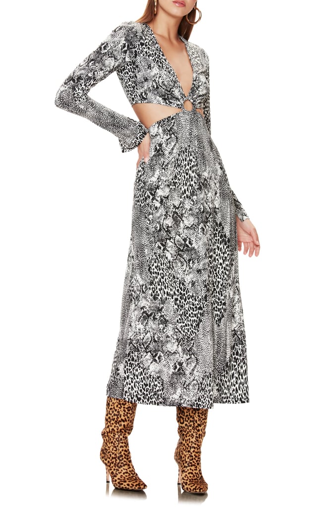 AFRM Lola Leopard Print Cutout Detail Long-Sleeve Midi Dress