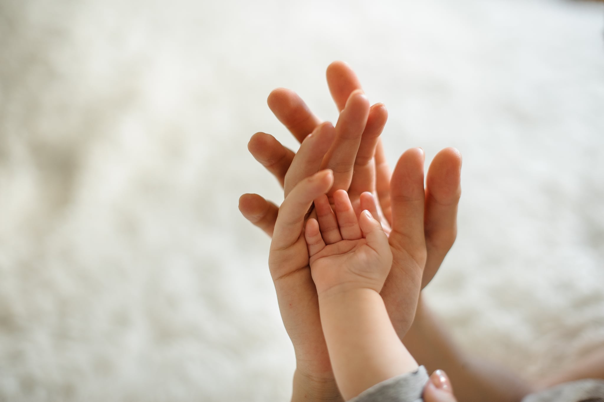 Father holding hand of his wife and their cute little daughter on the background of cozy counterpane in their home