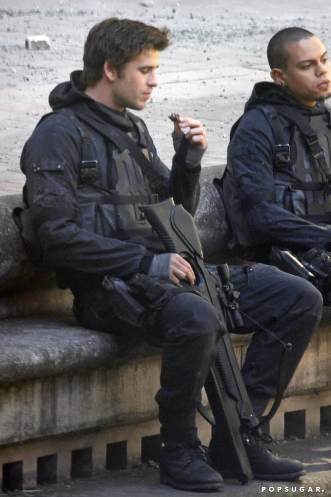 Liam Hemsworth Eating Chocolate on the Mockingjay Set