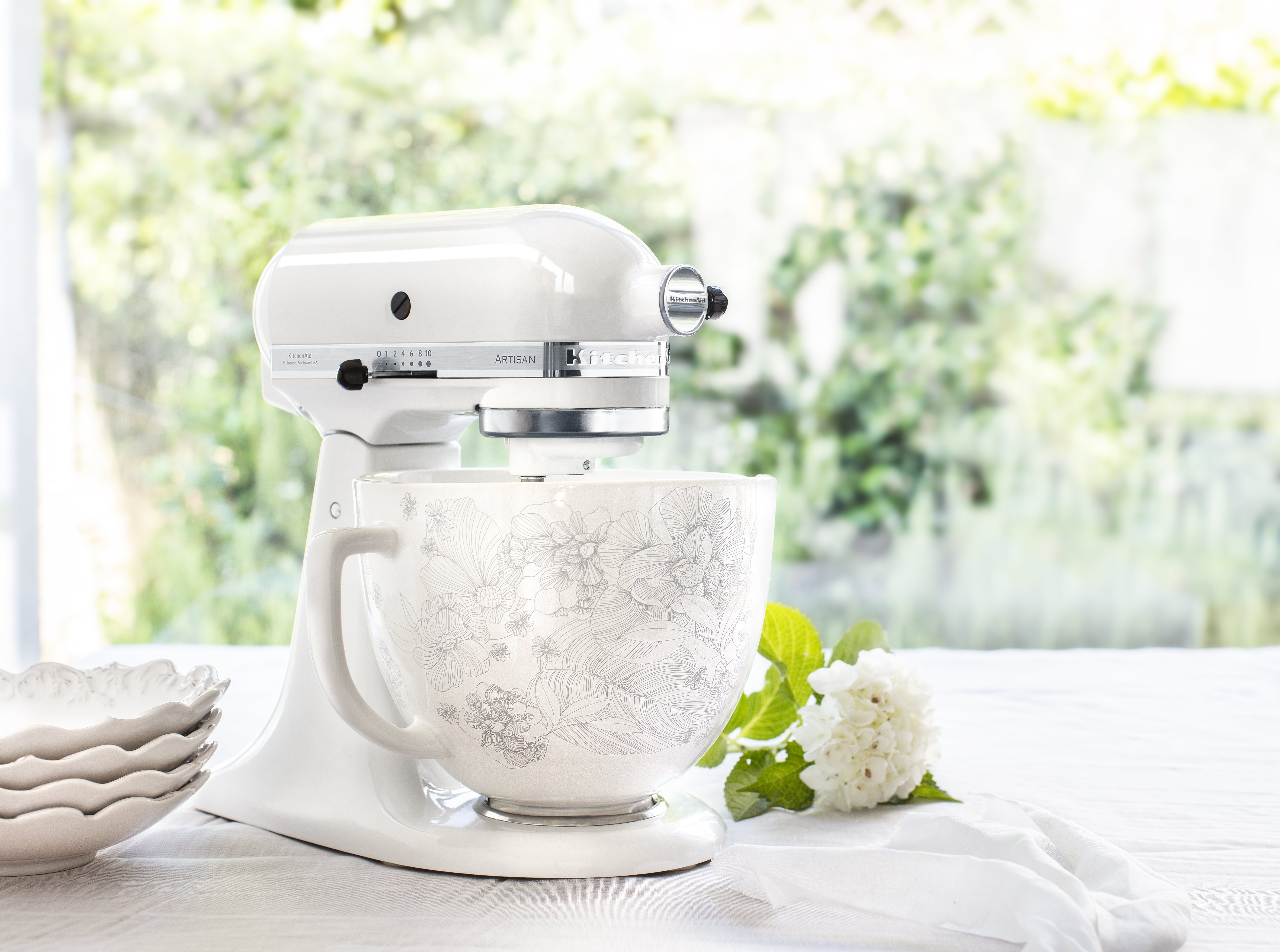 KitchenAid Artisan 5 qt Stand Mixer with the Mermaid Lace ceramic bowl.