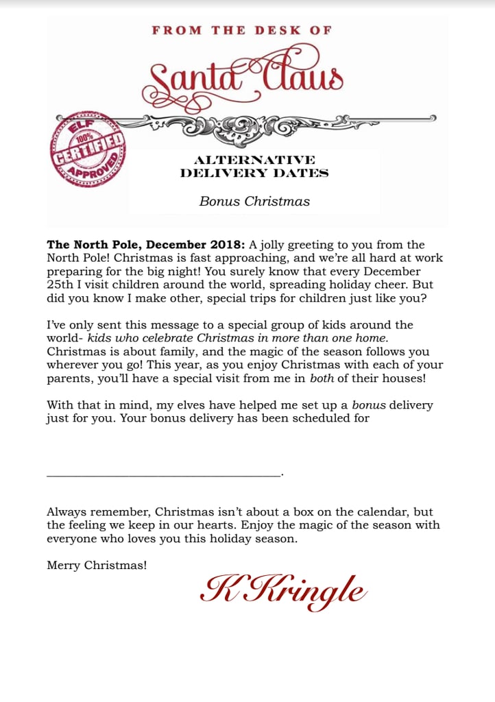 For Divorced Families | Santa's Alternative Delivery Dates Note For ...