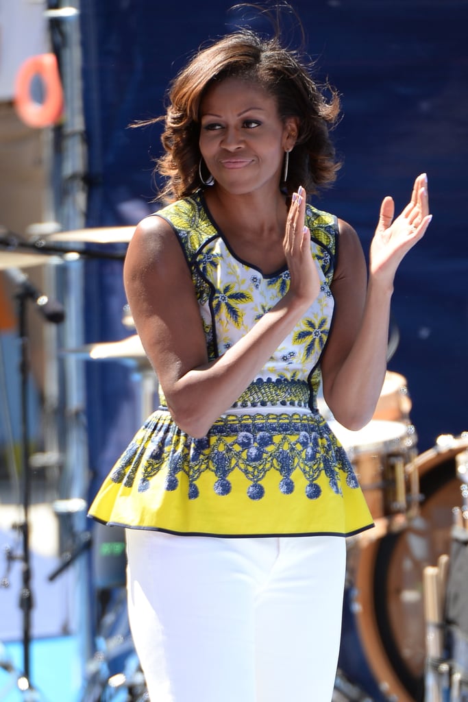 In August 2013, she stepped out in a pair of white jeans when she attended Arthur Ashe Kids' Day alongside Serena Williams. She wore them with a colorful peplum top.