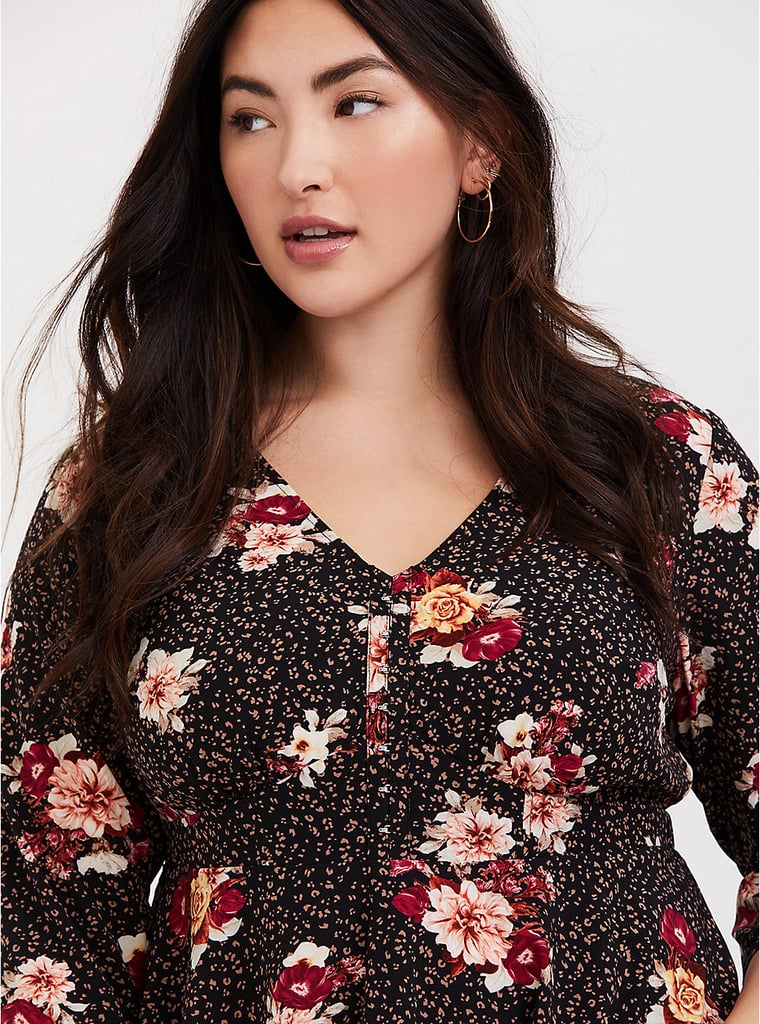 Torrid Black Leopard & Floral Chablis Crop Peplum Top
