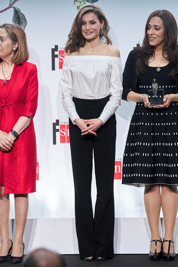 Queen Letizia's Off-the-Shoulder White Blouse April 2017