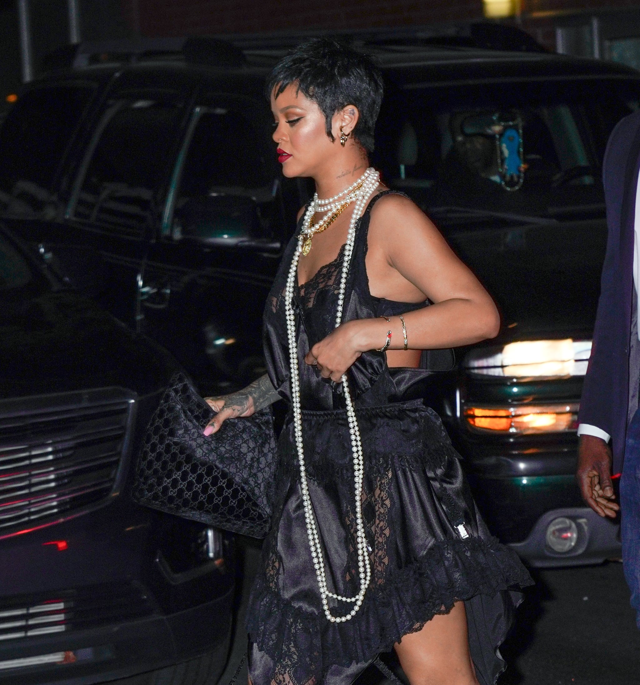 Rihanna Wears Black Lace Slip Dress For 