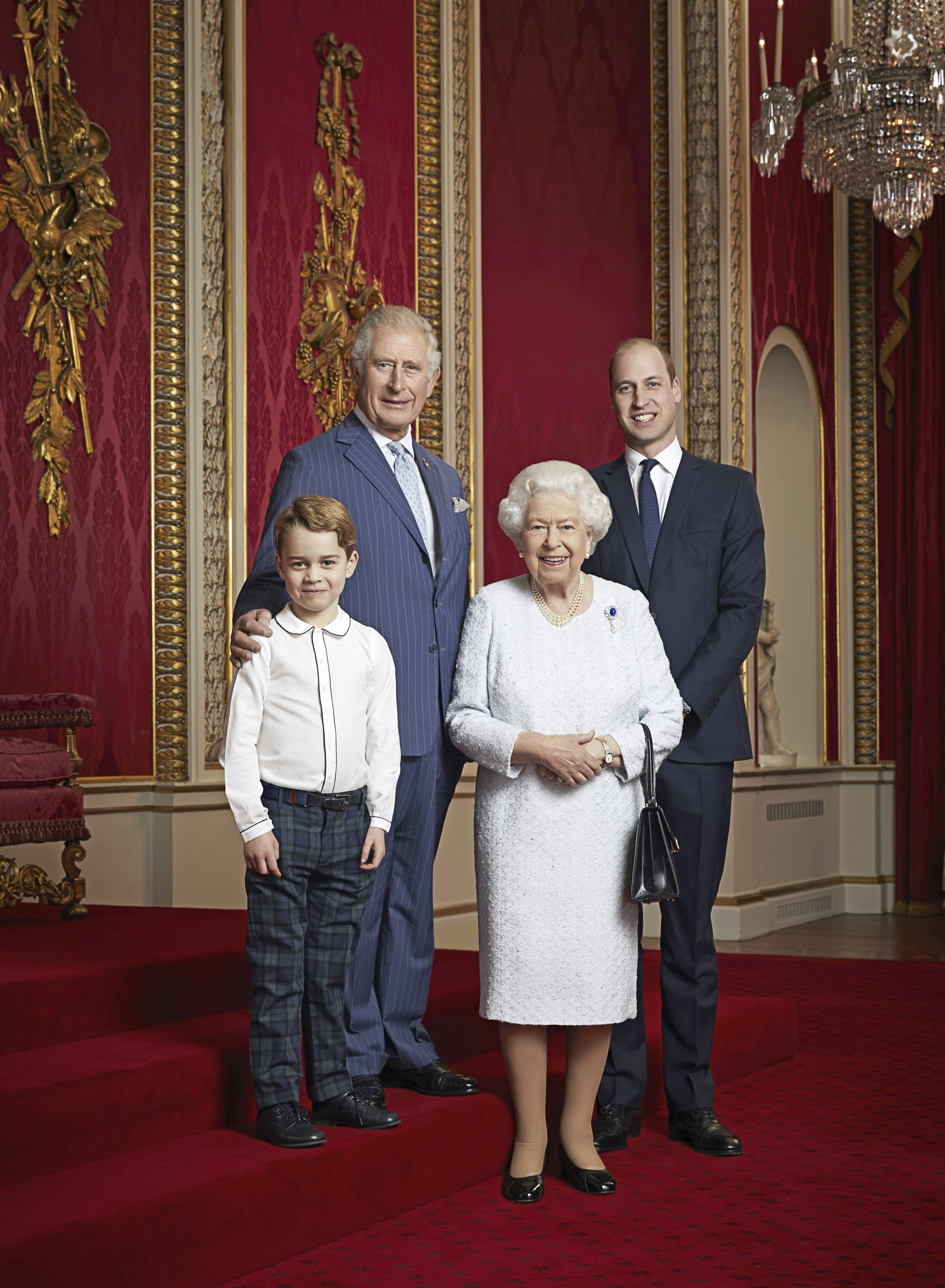 Royal Portrait. EMBARGOED UNTIL 2200 FRIDAY JANUARY 3, 2020. MANDATORY CREDIT: Ranald Mackechnie. This photograph is solely for news editorial use only; no charge should be made for the supply, release or publication of the photograph; no commercial use whatsoever of the photograph (including any use in merchandising, advertising or any other non-editorial use); not for use after 15th January 2020 without prior permission from Royal Communications. The photograph must not be digitally enhanced, manipulated or modified in any manner or form and must include all of the individuals in the photograph when published. This new portrait of Queen Elizabeth II, the Prince of Wales, the Duke of Cambridge and Prince George has been released to mark the start of a new decade. This is only the second time such a portrait has been issued. The first was released in April 2016 to celebrate Her Majesty's 90th birthday. The portrait was then used on special commemorative stamps released by the Royal Mail. This new portrait was taken by the same photographer, Ranald Mackechnie, in the Throne Room at Buckingham Palace on Wednesday December 18, 2019. Publications are asked to credit the photograph to Ranald Mackechnie. Issue date: Friday January 3, 2020. See PA story ROYAL Portrait. Photo credit should read: Ranald Mackechnie. URN:49332701 (Press Association via AP Images)