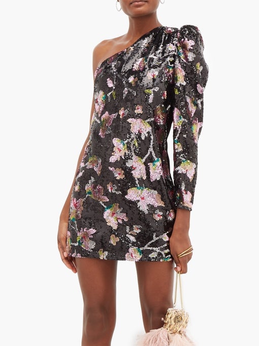 Self-Portrait One-Shoulder Floral-Sequinned Velvet Mini Dress