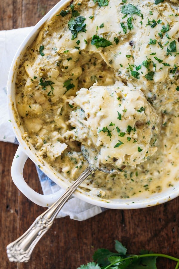 Roasted Tomatillo Chicken Enchilada Casserole