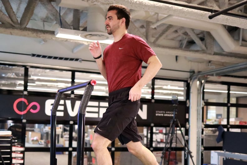 James Barrett getting his stride analyzed at the Saucony Innovation Lab (Example of Mid-Stance)