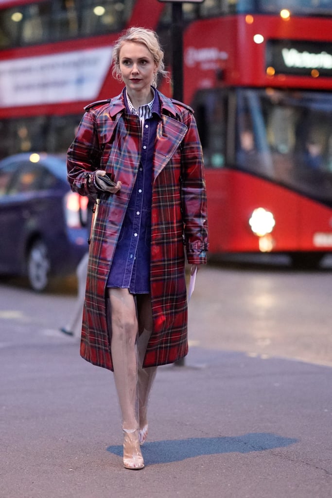 Go for the full effect when you style your plaid PVC trench with over-the-knee boots to match.