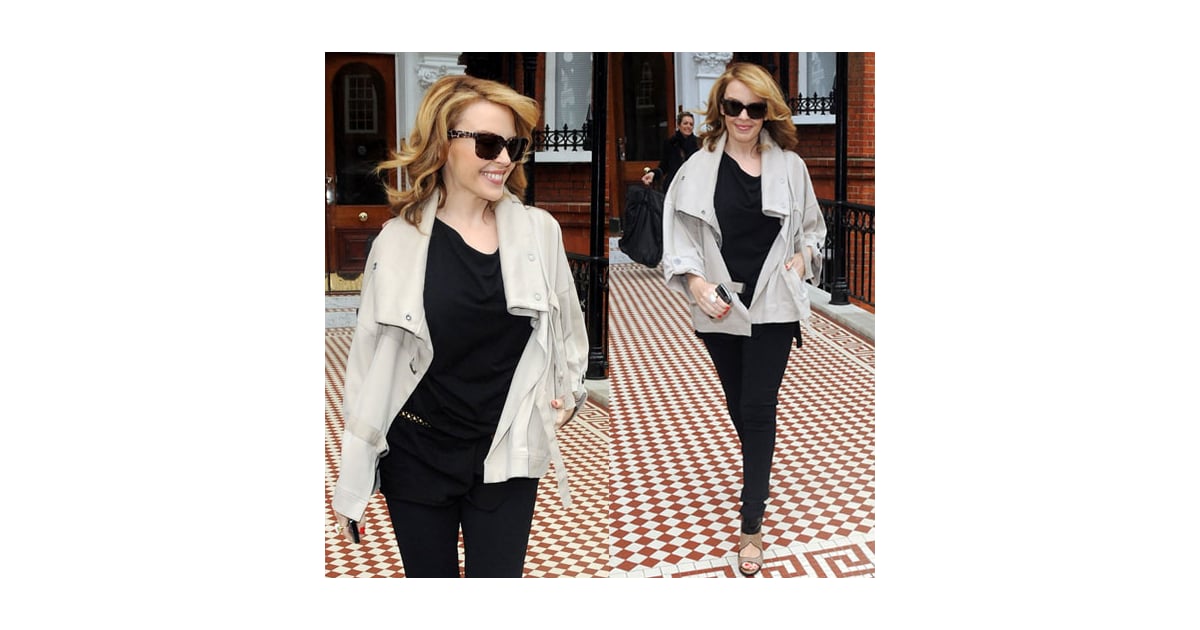 Kylie Minogue Wears a Khaki Anorak and Black Leggings Leaving Her Home ...