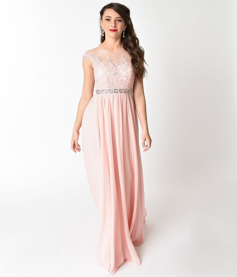 Blush Pink Embellished Lace & Chiffon Cap Sleeve Prom Gown