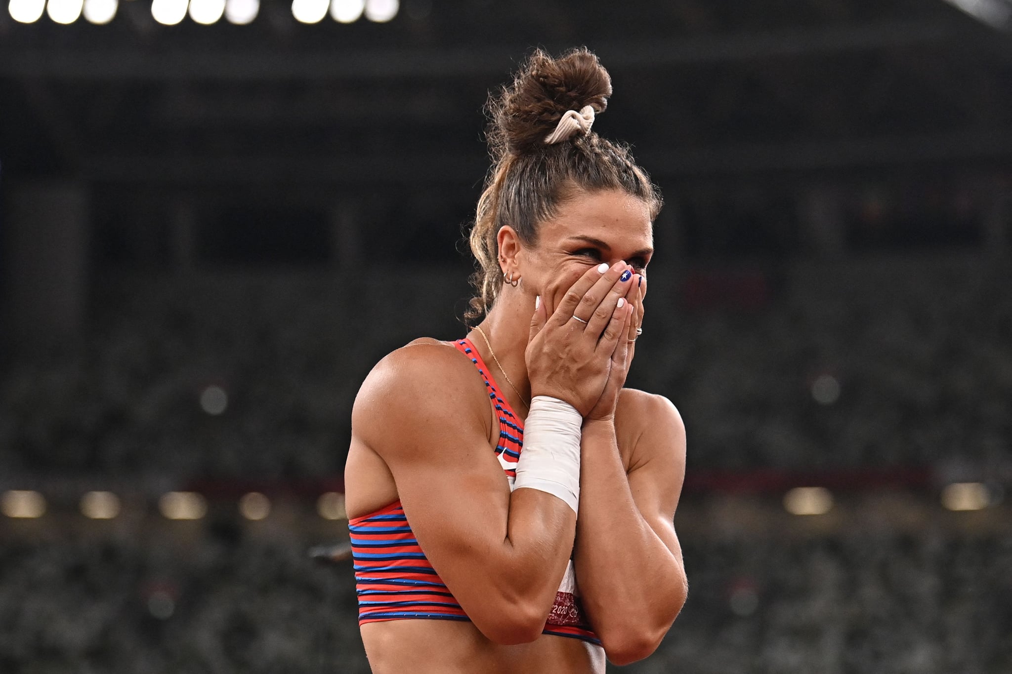 USA's Valarie Allman reacts during the women's discus throw final during the Tokyo 2020 Olympic Games at the Olympic Stadium in Tokyo on August 2, 2021. (Photo by Ben STANSALL / AFP) (Photo by BEN STANSALL/AFP via Getty Images)