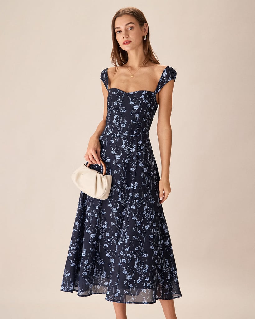 Rihoas Navy Floral Sweetheart Neck Midi Dress