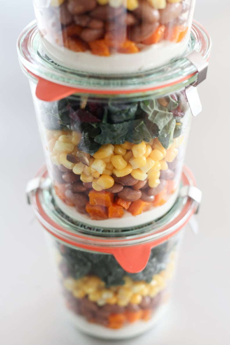 Squash, Pinto Bean, Corn, and Kale Mason Jar Salad