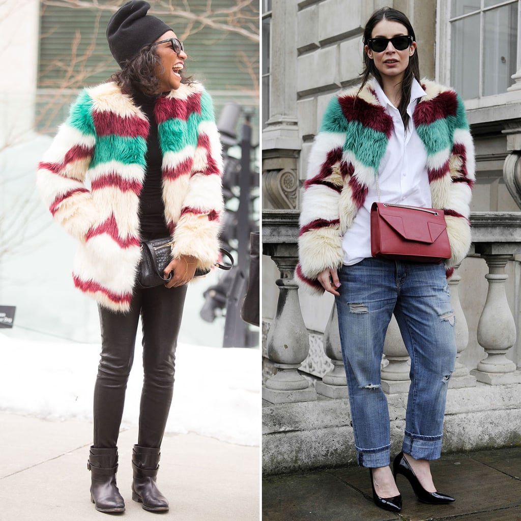 Danielle Prescod and this LFW attendee outfitted easy bottoms with a striped furry topper for the ultimate in statement coats. 
Source: Melodie Jeng/The NYC Streets and IMAXTREE