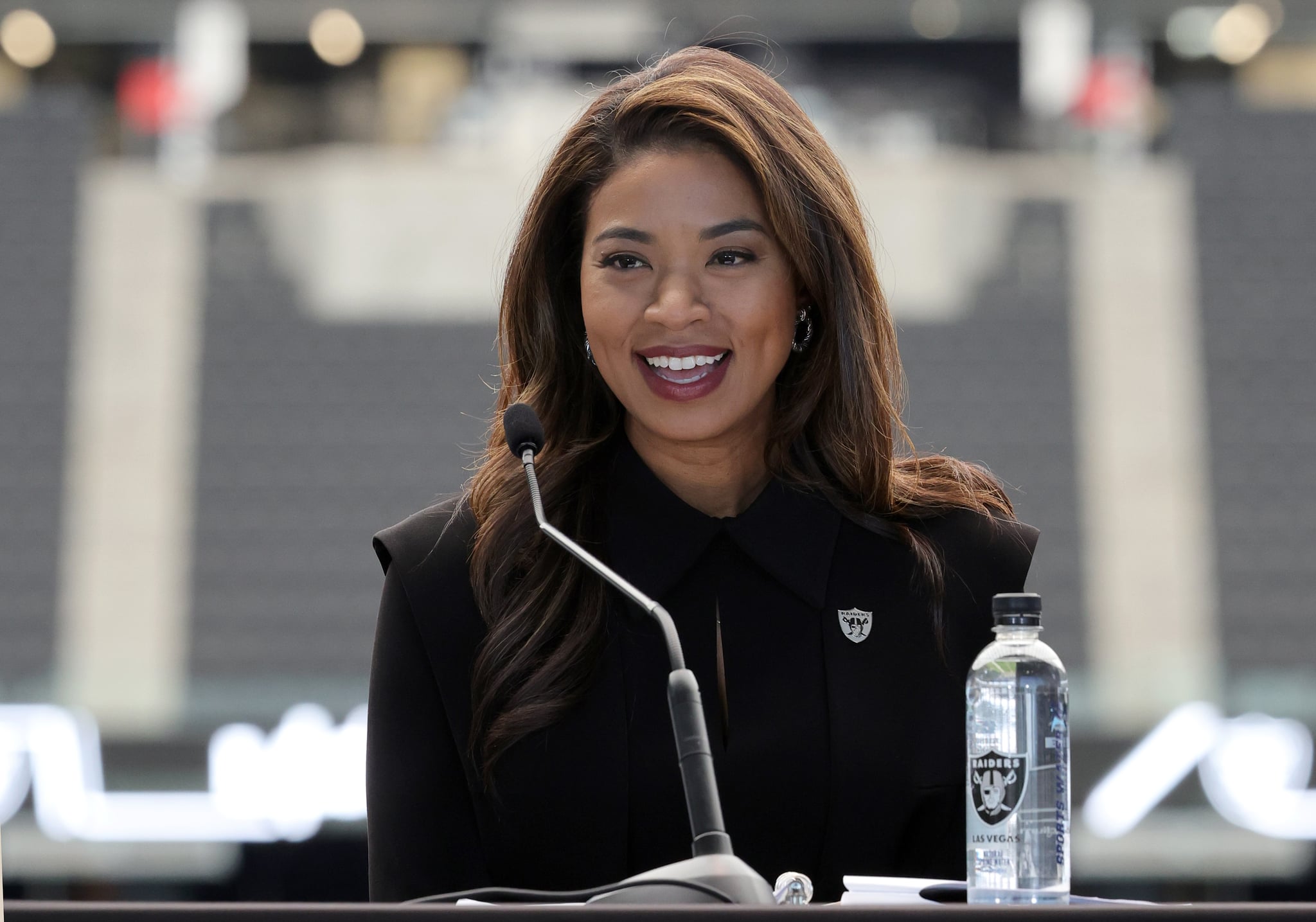 LAS VEGAS, NEVADA - JULY 07: Former Nevada Gaming Control Board Chair and former Commissioner of the Nevada Gaming Commission Sandra Douglass Morgan speaks as she is introduced as the new President of the Las Vegas Raiders at Allegiant Stadium on July 07, 2022 in Las Vegas, Nevada. Morgan is the first Black woman to be named a team president in NFL history. (Photo by Ethan Miller/Getty Images)