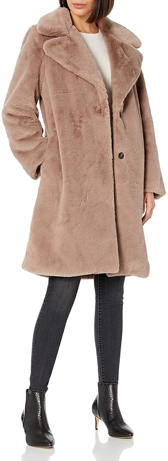The Drop Kiara Loose-Fit Long Faux Fur Coat in Sand