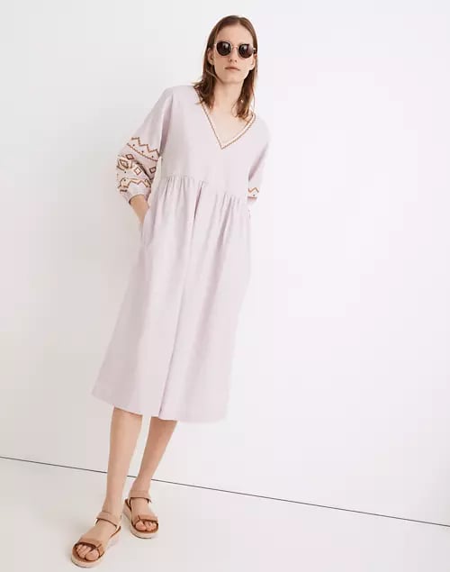 Madewell Petite Embroidered-Sleeve Popover Midi Dress