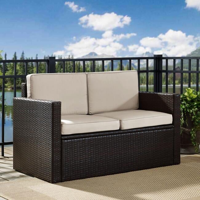 Espresso All Weather Pinamar Love Seat With Sand Cushions