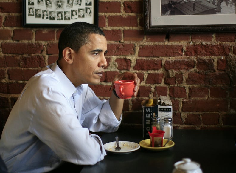 Sipping a cup of coffee during a campaign stop in Iowa in 2007