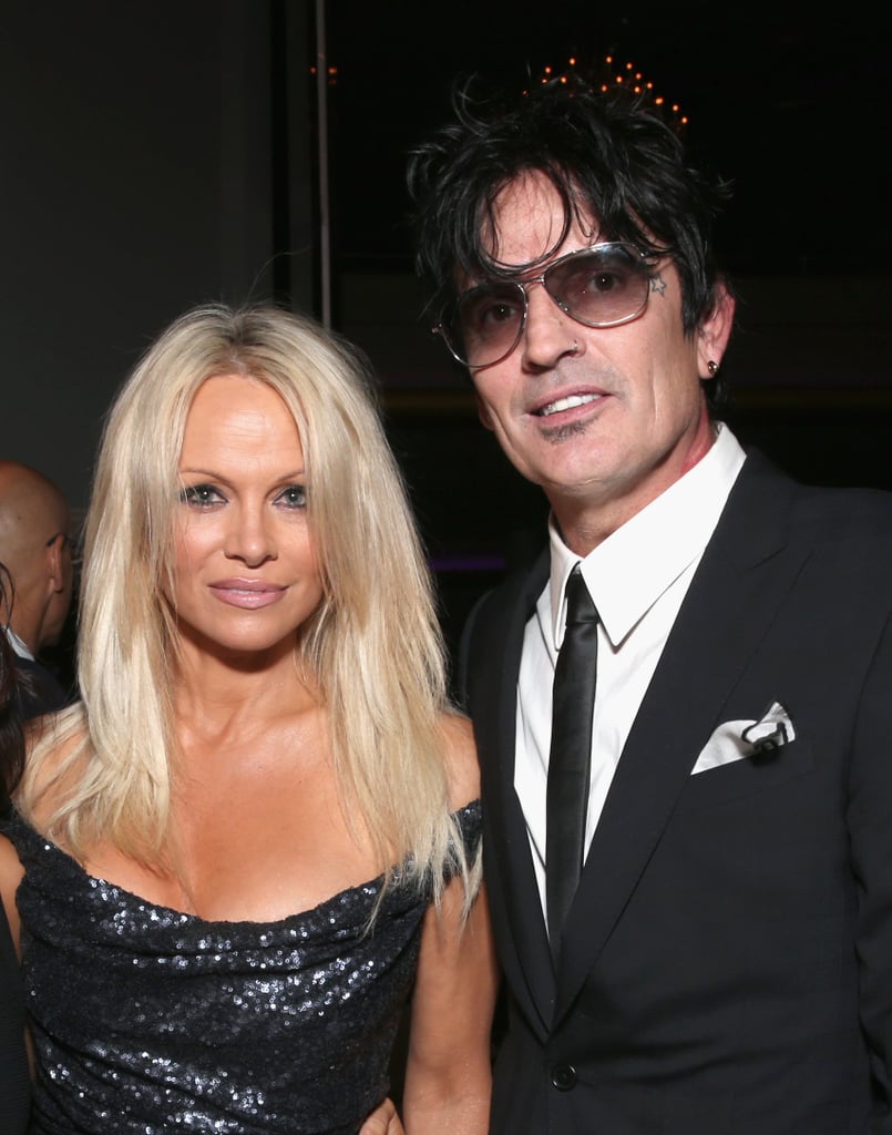 Pamela Anderson and Tommy Lee had quite the reunion at PETA's 35th Anniversary Party in LA on Wednesday. The pair, who was married from 1995 to 1998, chatted and shared a friendly hug during the night. At one point, Pamela even posed for photos alongside Tommy's fiancée, Sofia Toufa, a month after revealing to People that Tommy was the love of her life. Pamela and Tommy share two sons, 17-year-old Dylan Jagger and 19-year-old Brandon Thomas.
Earlier this month, the 48-year-old actress posed completely nude for Flaunt's September 2015 CALIFUK issue, shot by longtime friend and famed photographer David LaChapelle. Keep reading to see more of Pamela and Tommy's reunion, then, for some Halloween inspiration, check out 17 old-school celebrity couples you can dress up as for the festive holiday.