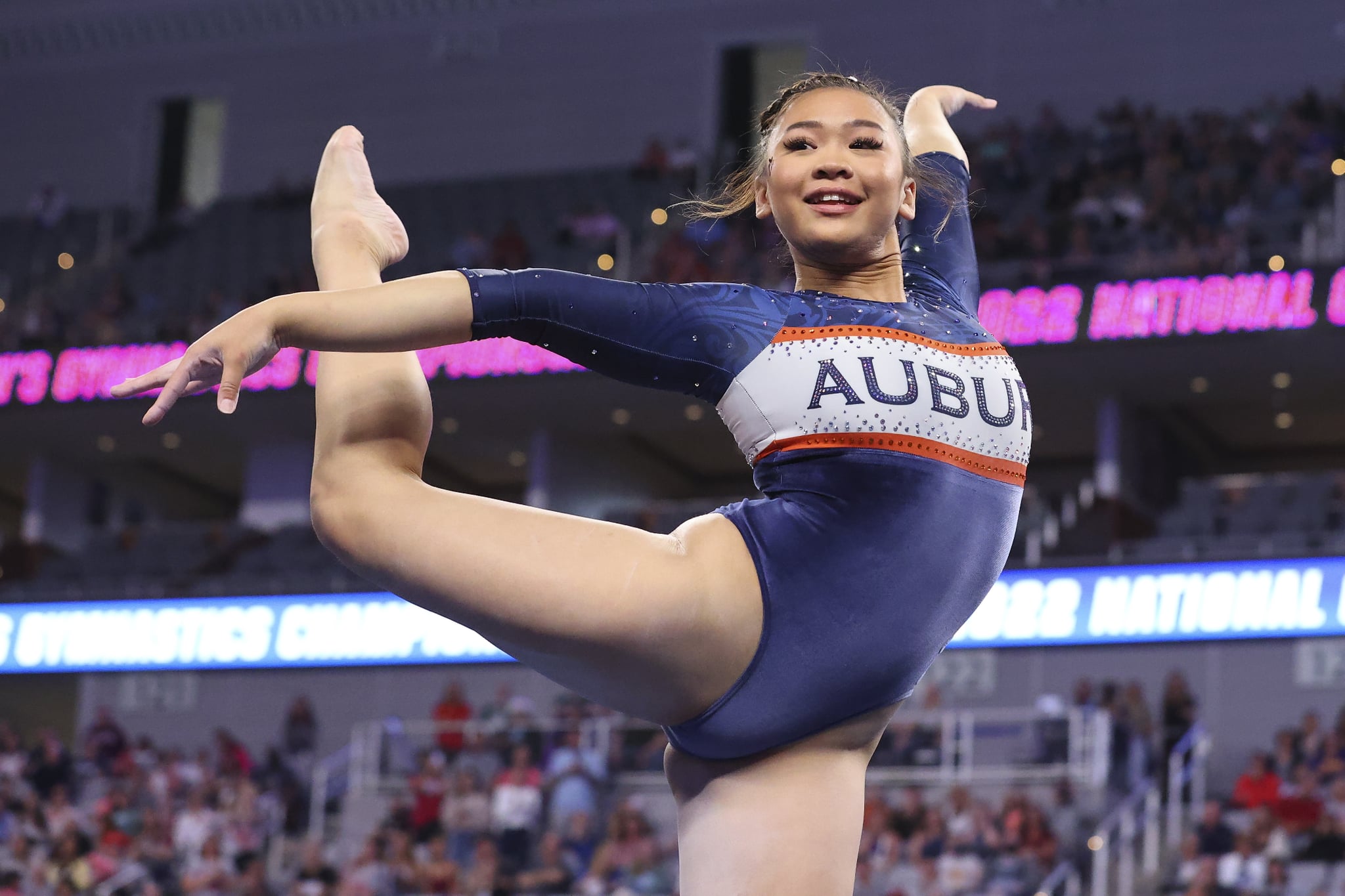 FORT WORTH, TX - APRIL 16: Sunisa Lee of the Auburn Tigers competes in the floor exercise during the Division I Womens Gymnastics Championship held at Dickies Arena on April 16, 2022 in Fort Worth, Texas. (Photo by C. Morgan Engel/NCAA Photos via Getty Images)