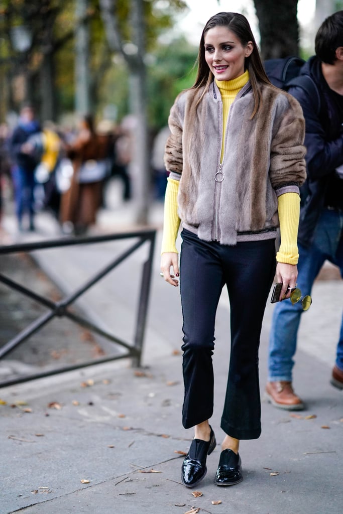 A furry bomber was the finishing touch on this cozy look at Paris Fashion Week.