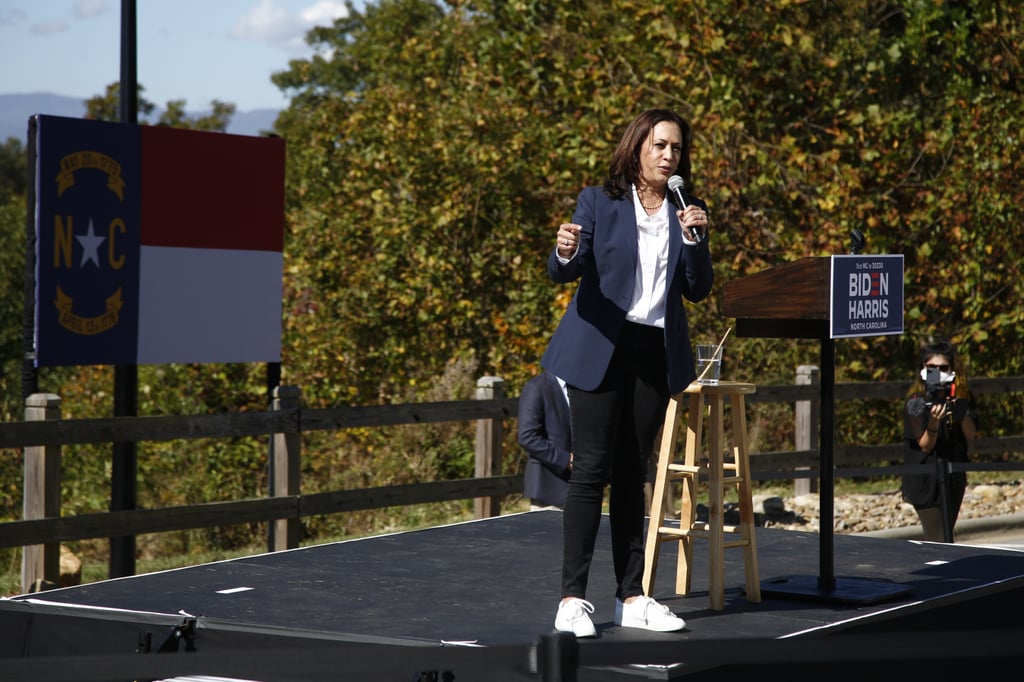 Kamala Harris Wearing White Kenneth Cole Sneakers and a Suit