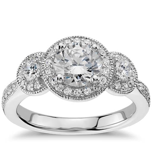 Blue NIle Three Stone Milgrain Halo Engagement Ring