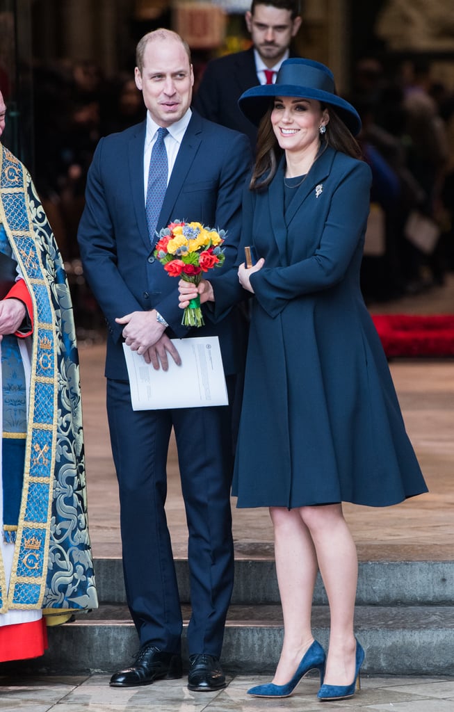 For the Commonwealth Day Service in March, Kate rocked head-to-toe blue for the Commonwealth Day Service in March. She wore a navy Beulah London coat, a Lock & Co. hat, and she matched Meghan Markle's blue Manolo Blahnik heels with her own pair from Rupert Sanderson. Her clutch was from Jimmy Choo.