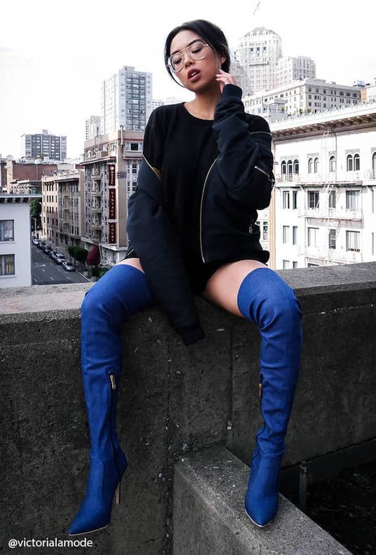 Blue velvet thigh on sale high boots outfit