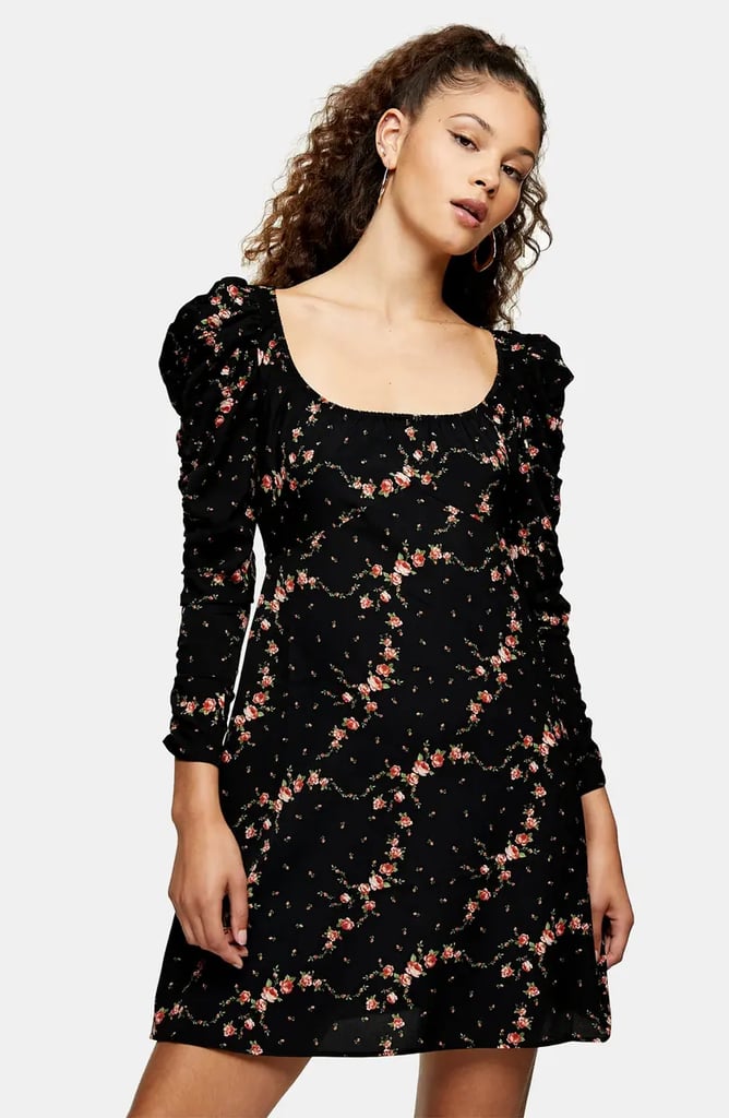 Topshop Floral Ruched Sleeve Tea Dress