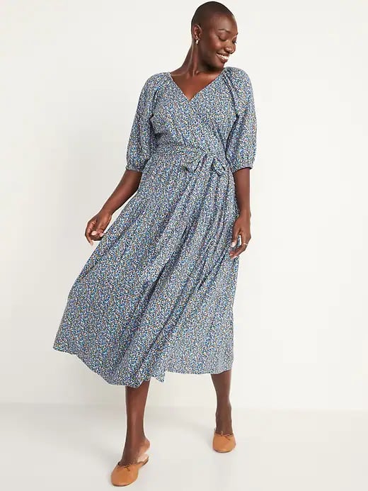 Old Navy Waist-Defined Floral Tie-Belt Midi Wrap Dress