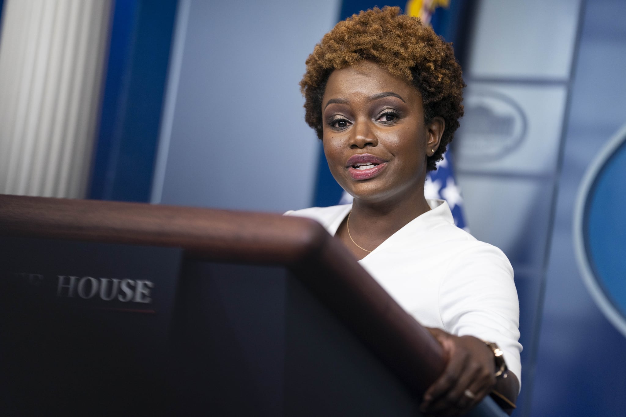 WASHINGTON, DC - NOVEMBER 05: White House Deputy Press Secretary Karine Jean-Pierre speaks during the daily press briefing at the White House on November 5, 2021 in Washington, DC. Jean-Pierre spoke to reporters about the Build Back Better agenda and the October jobs reports. (Photo by Sarah Silbiger/Getty Images)