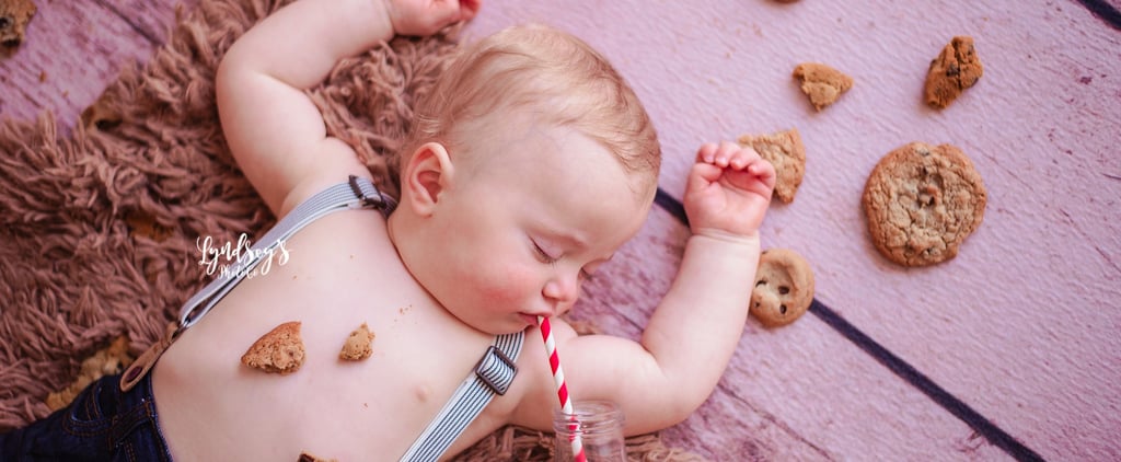 Photos of Baby Asleep During Milk and Cookies Birthday Shoot