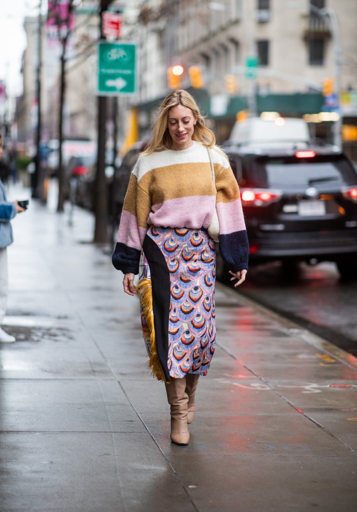 Dress up bold stripes for evening by teaming with a similarly colored skirt and heels.