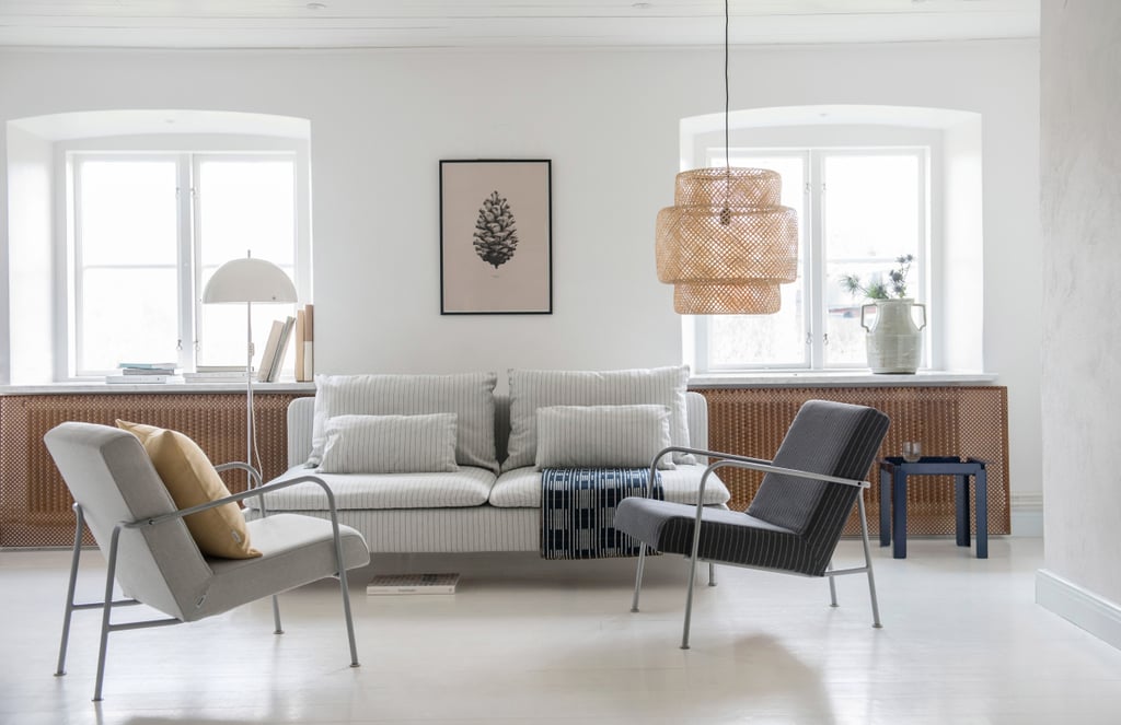 Pictured:

Bemz cover for Söderhamn three seater section in vreten pinstripe silver grey
Bemz cover for IKEA PS chair in vreten pinstripe graphite grey and lunda melange silver grey
Cushion cover in tegnér melange straw yellow