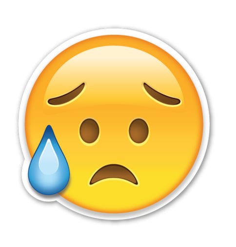 Interpretation: "I'm so sad."
Name + meaning: Disappointed but Relieved Face. This Emoji has sweat dripping from its brow, presumably due to a stressful situation. Not to be confused with the Crying Face Emoji, which has a tear on the cheek, instead of a bead of sweat. 
Also known as: Eyebrow sweat emoji