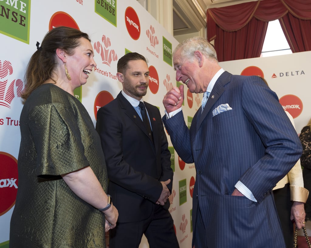 Tom Hardy greeted Prince Charles alongside his fellow Celebrity Trust Ambassador Olivia Colman at the Prince's Trust Awards in March 2018.