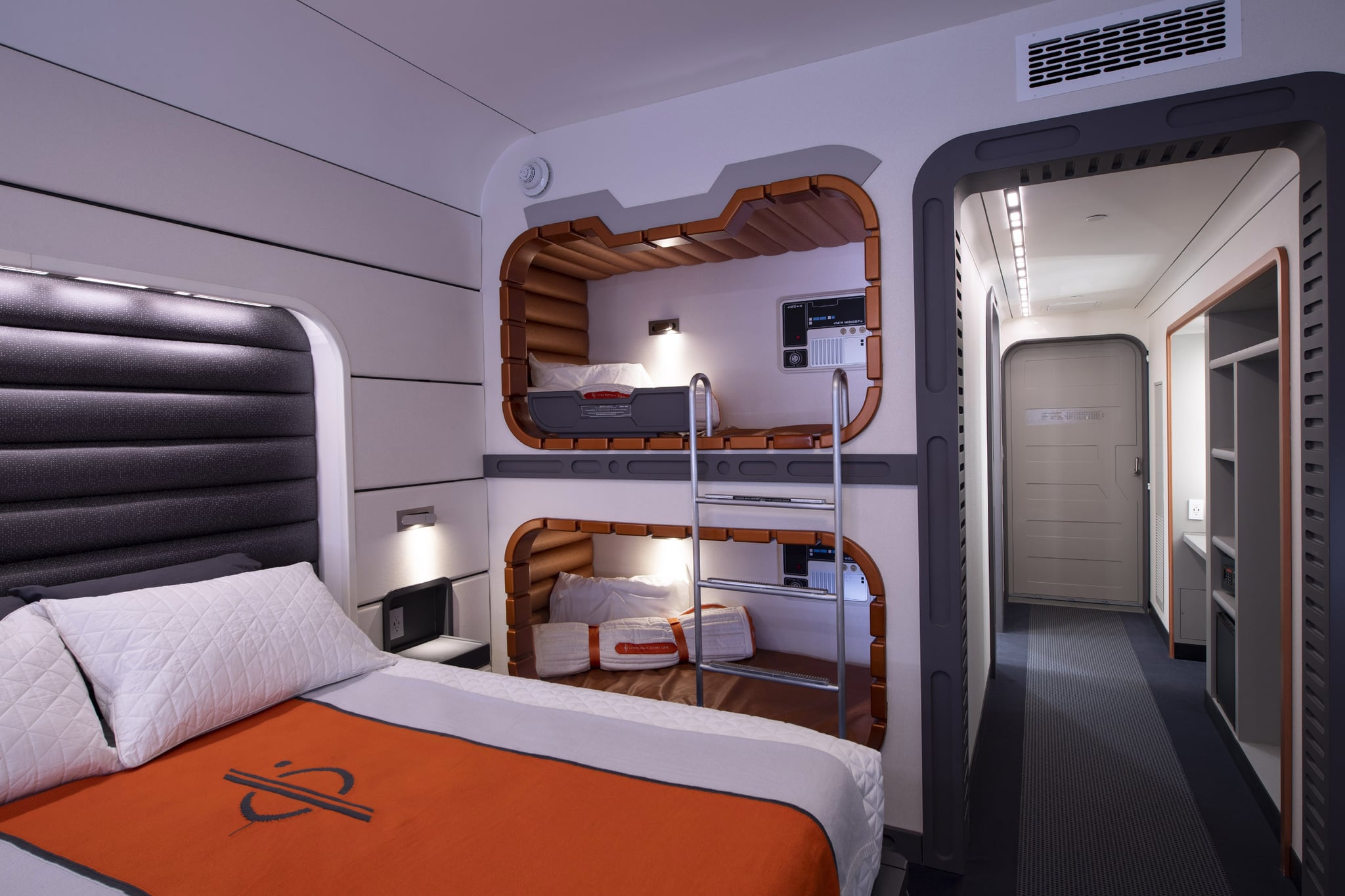 In a galaxy far, far away, progress continues on Star Wars: Galactic Starcruiser at Walt Disney World Resort in Lake Buena Vista, Fla., where guests will live aboard a starship for a two-day, two-night immersive adventure. This mock-up of a starship cabin shows the well-appointed accommodations guests will experience during their stay. (David Roark, photographer)