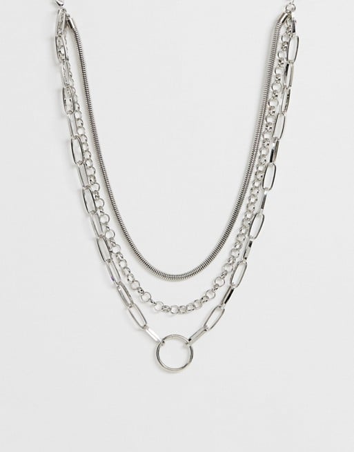 ASOS Design Multirow Necklace With Snake and Open Link Chain in Silver Tone