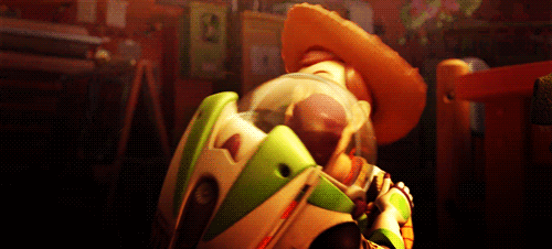 When Buzz greets Woody with the customary kisses.