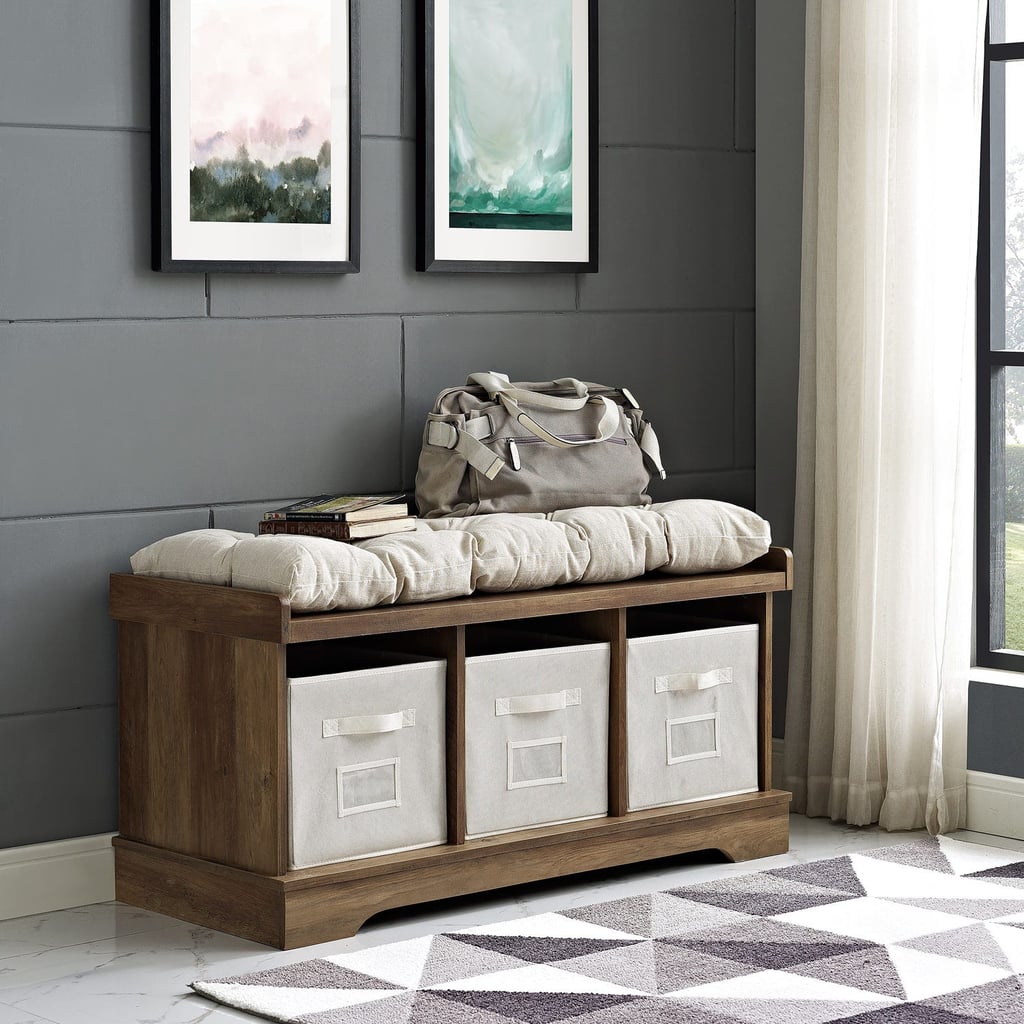 Rustic Oak Storage Bench With Totes and Cushion