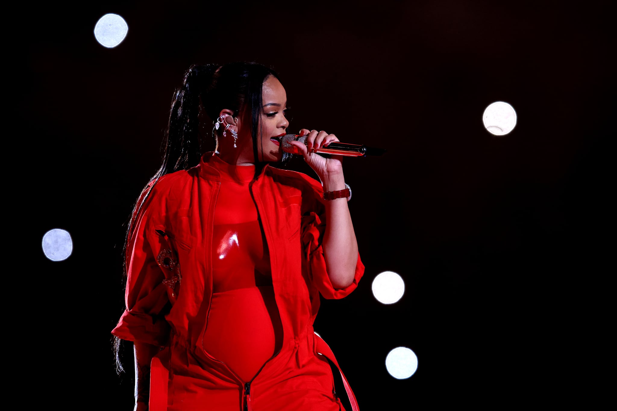 GLENDALE, ARIZONA - FEBRUARY 12: Rihanna performs onstage during the Apple Music Super Bowl LVII Halftime Show at State Farm Stadium on February 12, 2023 in Glendale, Arizona. (Photo by Gregory Shamus/Getty Images)