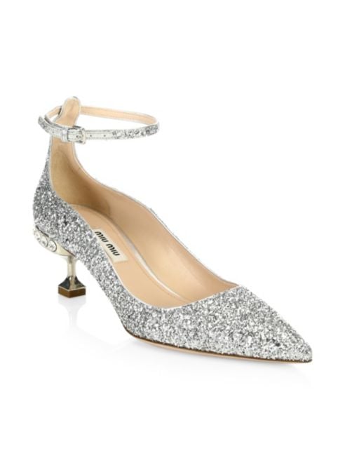 Miu Miu Crystal Glitter Ankle-Strap Pumps