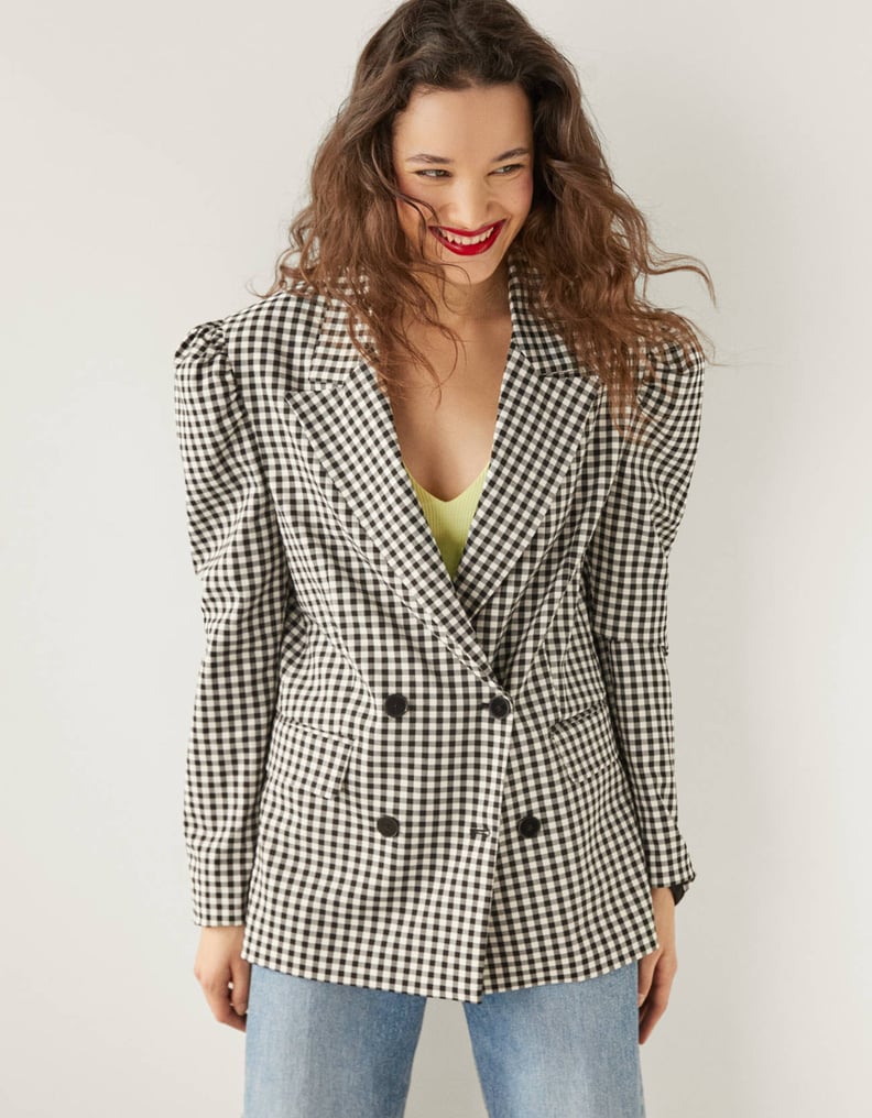 Bershka Puffed Blazer With Gingham Print