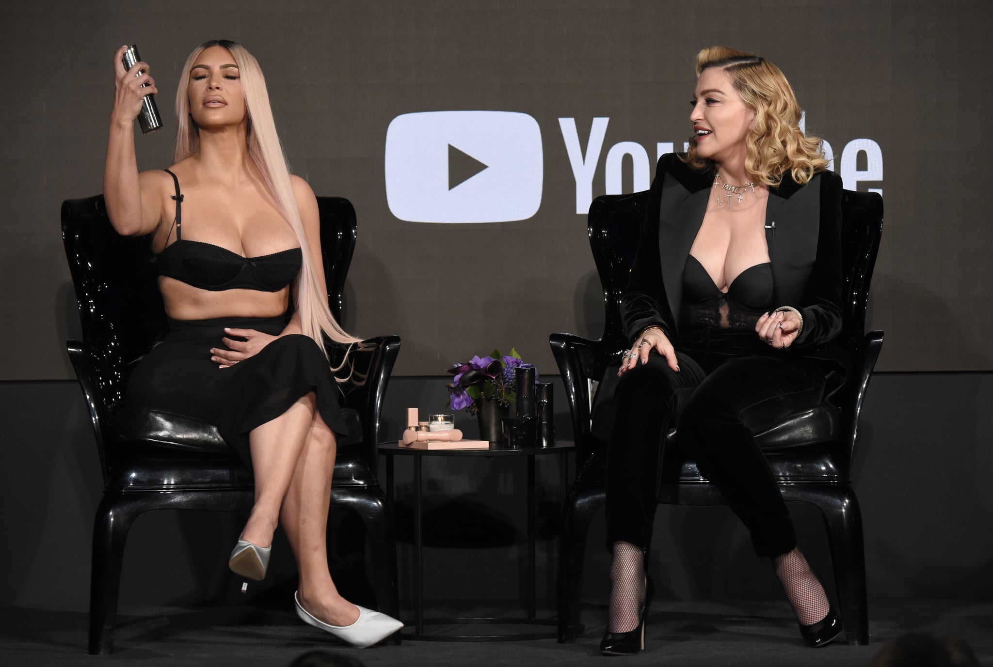 LOS ANGELES, CA - MARCH 06:  Kim Kardashian West and Madonna speak onstage at MDNA SKIN hosts Madonna and Kim Kardashian West for a beauty conversation at YouTube Space LA on March 6, 2018 in Los Angeles, California.  (Photo by Kevin Mazur/Getty Images for Madonna's MDNA SKIN)