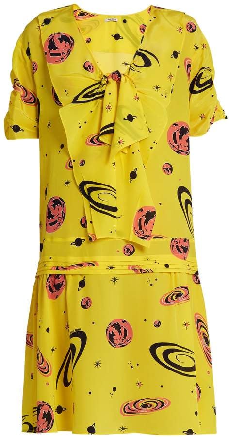 Miu Miu Planet-Print V-Neck Crepe de Chine Dress