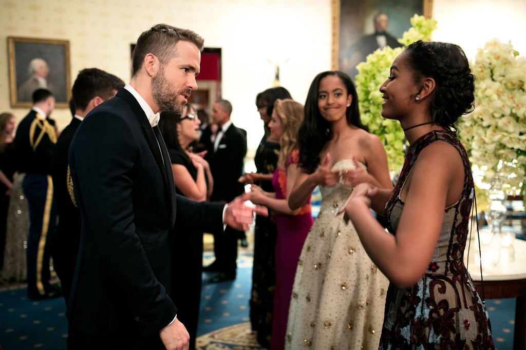 Malia gave a playful thumbs-up while her sister chatted with Ryan Reynolds during the White House state dinner in March 2016.